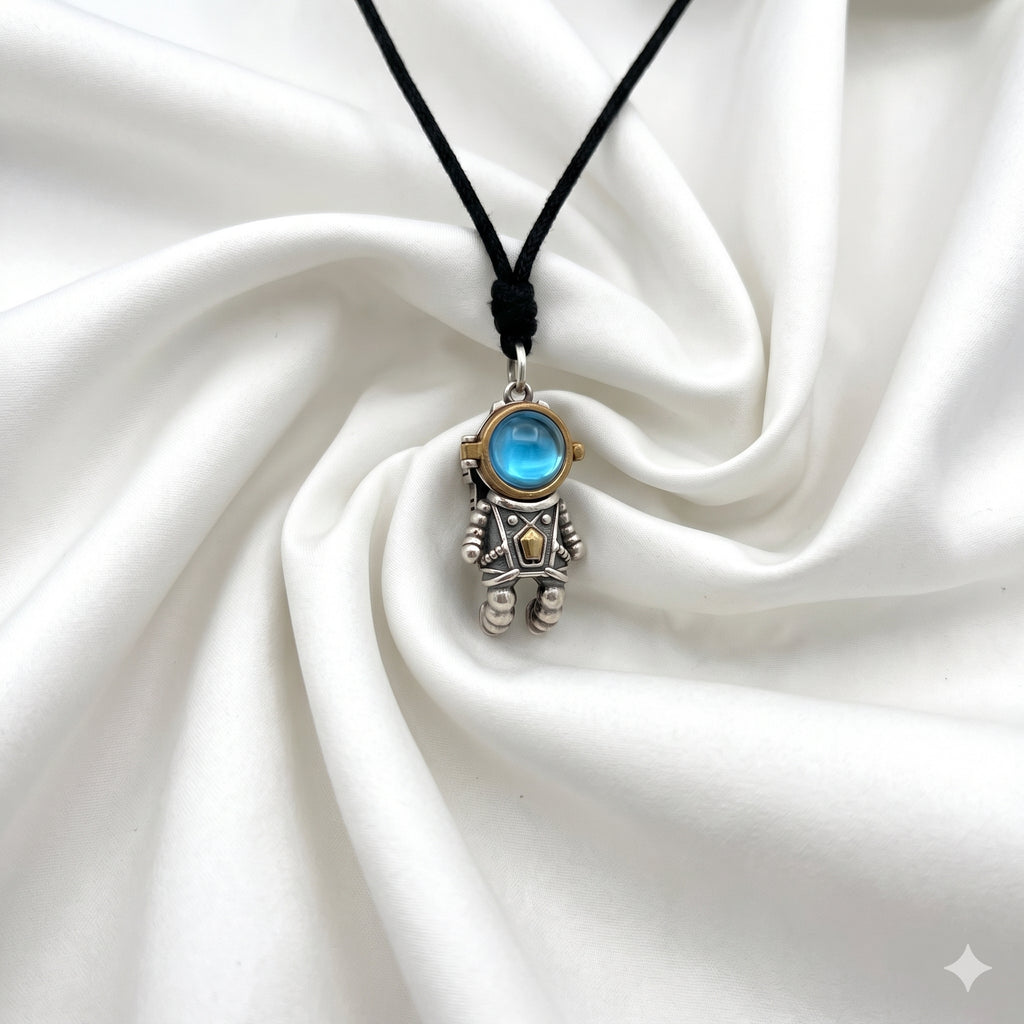 Cute Vintage Astronaut Pendant Sterling Silver Brass Charm Pendant Necklace