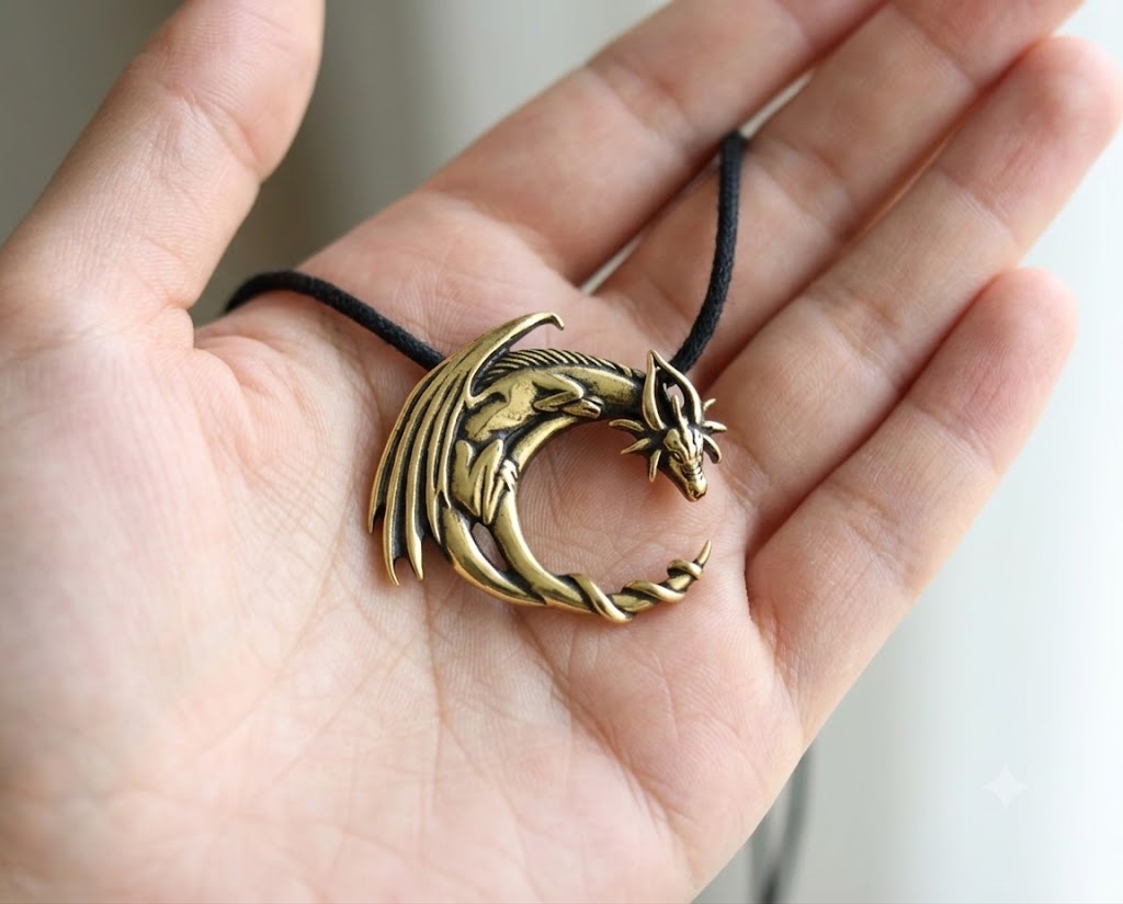 Sleeping Dragon Moon Silver Pewter Gold Brass Necklace Pendant Jewelry