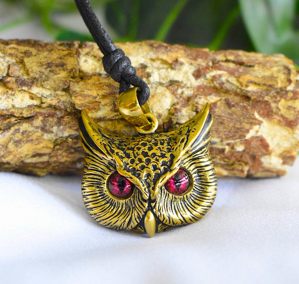 Vintage Gothic Owl Blue Eyes Large Size 92.5Sterling Silver Gold Brass Pendant Necklace