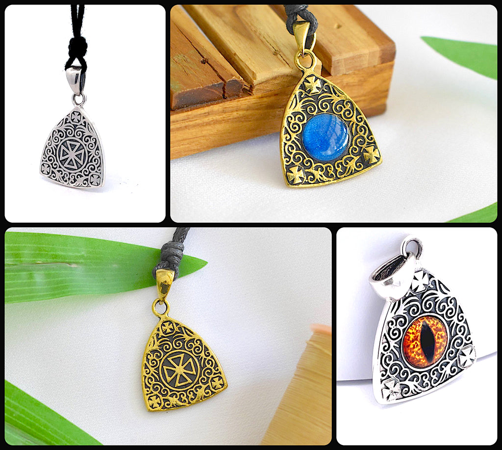 Stone Pattern Triangle Demon Eye 92.5 Sterling Silver Gold Brass Pendant Necklace