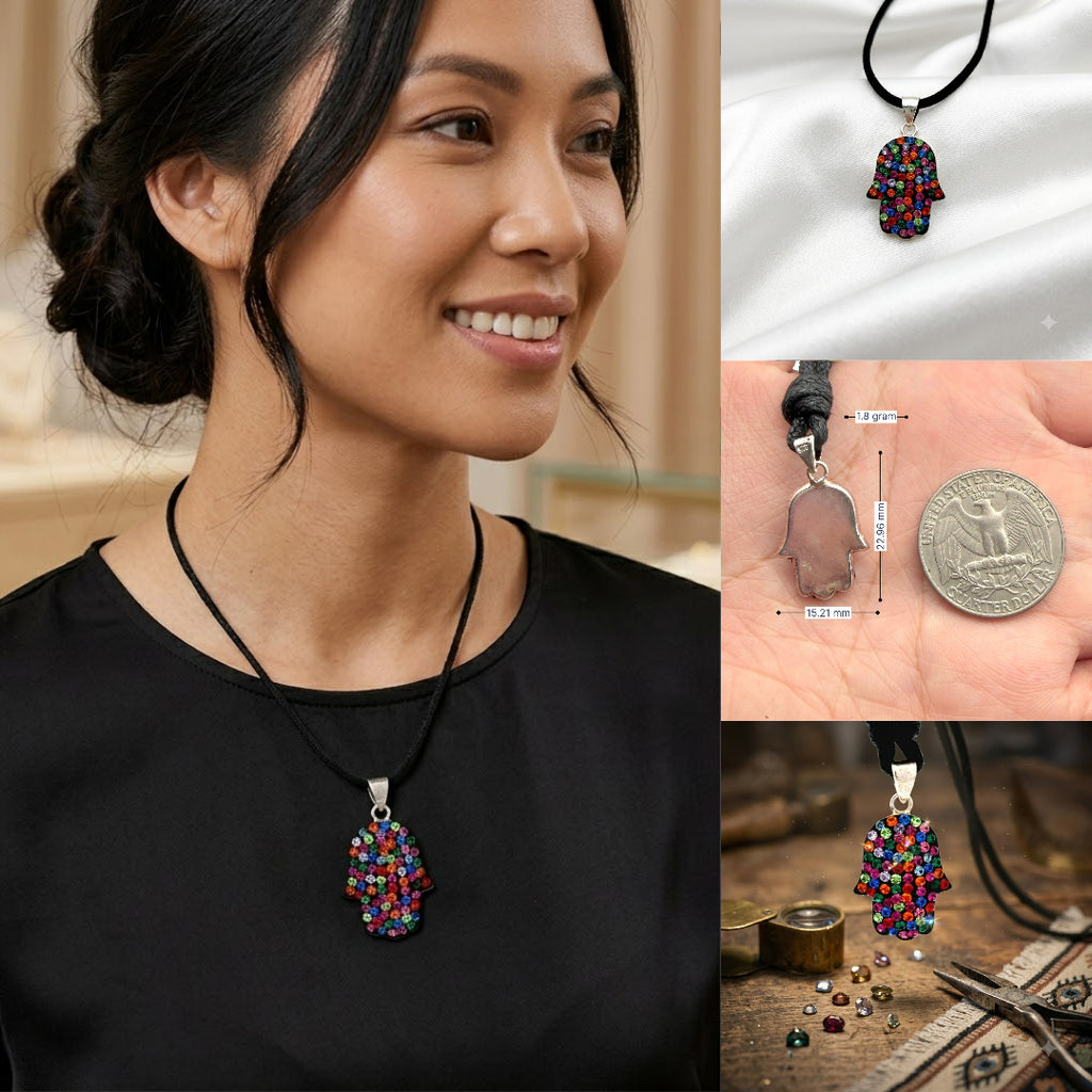 Hamsa Hand multi color 92.5 Sterling Silver Pewter Necklace Pendant Jewelry.