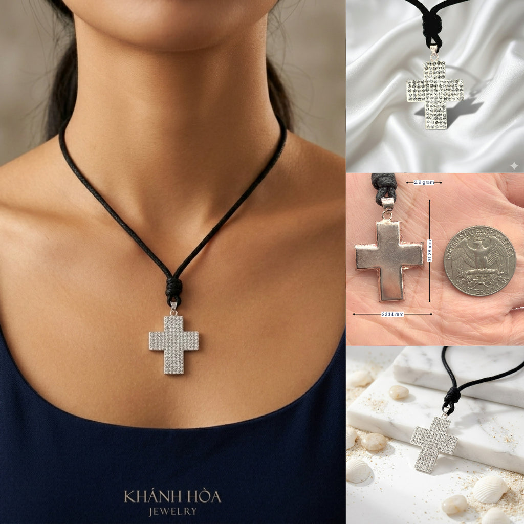 Elegant Multicolor Rhinestone Cross Charm 92.5 Sterling Silver Necklace Pendant Jewelry