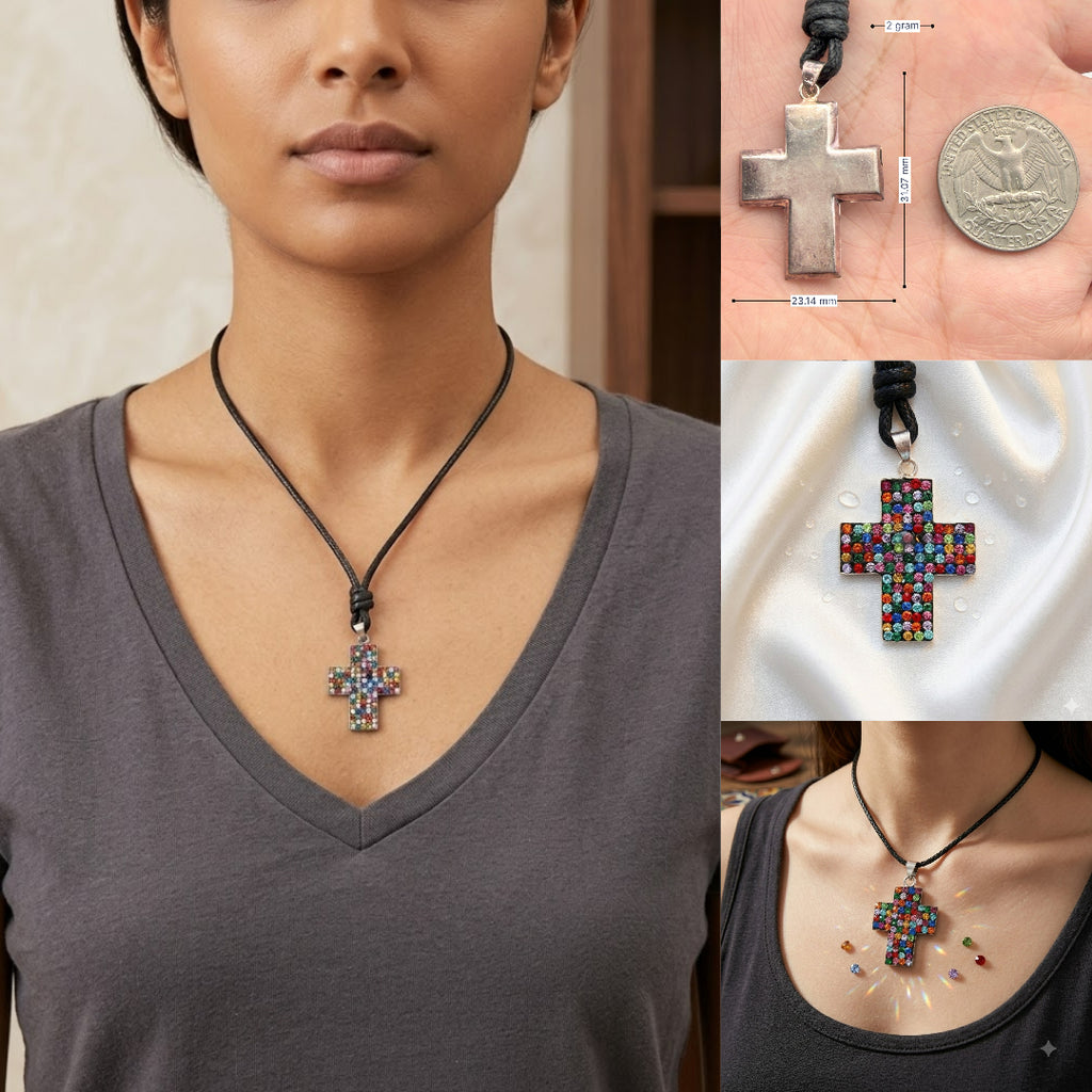 Elegant Multicolor Rhinestone Cross Charm 92.5 Sterling Silver Necklace Pendant Jewelry