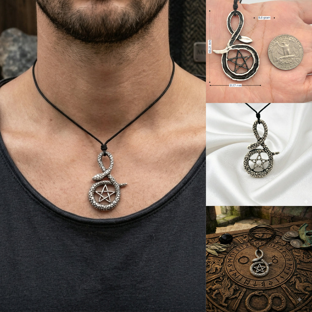Pentagram Snake 92.5 Sterling Silver Necklace Pendant Jewelry