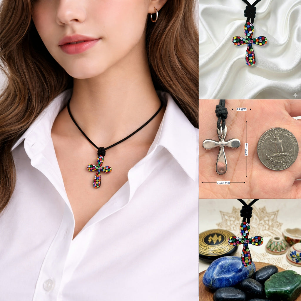 Cross multi color 92.5 Sterling Silver Necklace Pendant Jewelry.