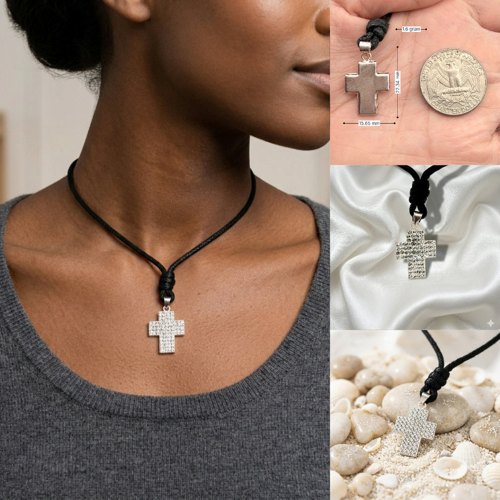 Elegant Multicolor Rhinestone Cross Charm 92.5 Sterling Silver Necklace Pendant Jewelry