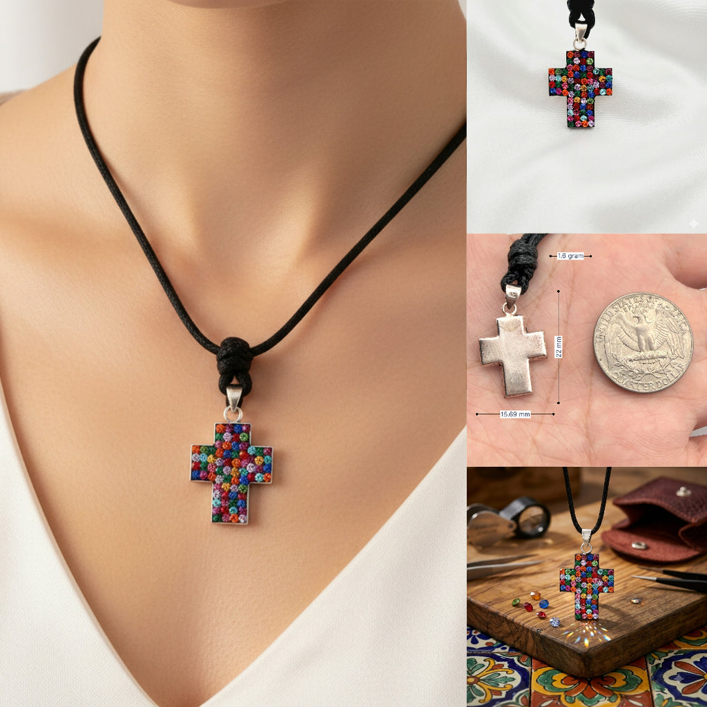 Elegant Multicolor Rhinestone Cross Charm 92.5 Sterling Silver Necklace Pendant Jewelry