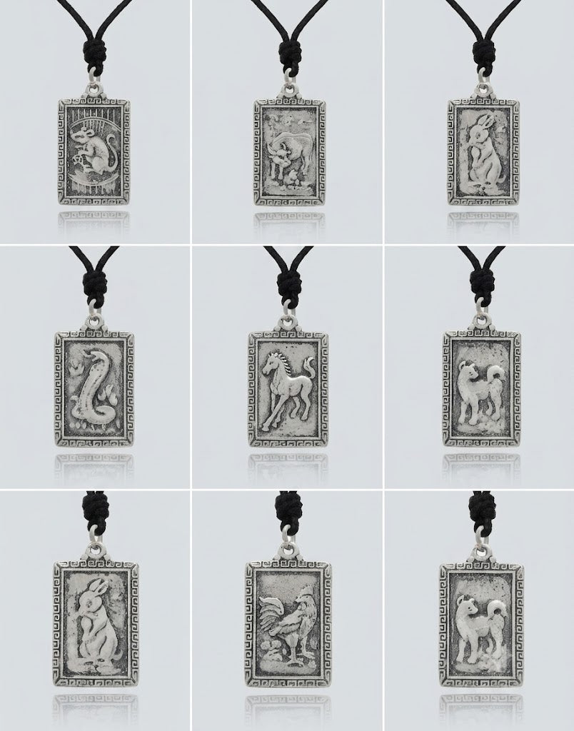 Rectangle Chinese Zodiac Sterling Silver Pewter Brass Necklace Pendant Jewelry