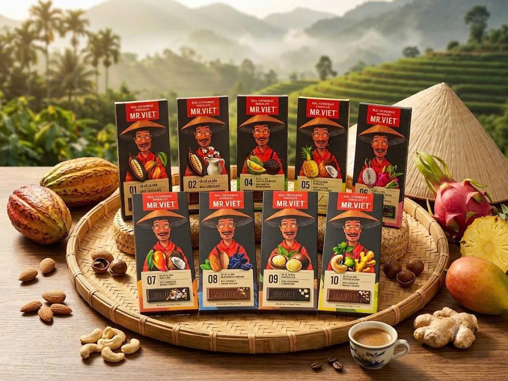 Mr. Viet Chocolate Bars With Variety Flavors from Vietnam: Dark, Matcha, Durian, Mango & Coconut
