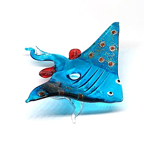 Glass Stingray Figurine Blue Hand Blown Art Sealife Ornament Collectible Miniature Aquarium Coastal Decor, 3.0 x 3.1 x 1.3 inches