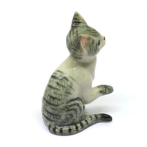 Collectible Ceramic Tabby Cat Figurine Gray Collectible Dollhouse Miniatures Gift for Cat Lovers