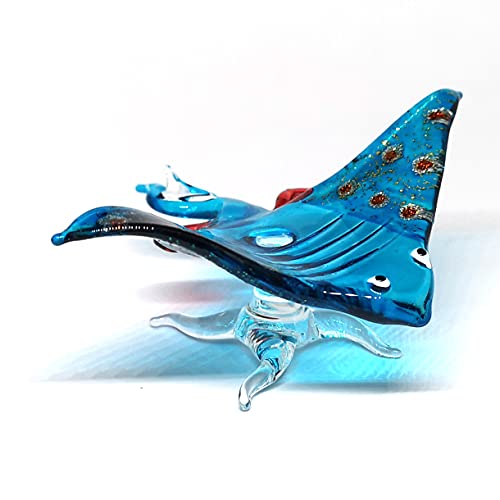 Glass Stingray Figurine Blue Hand Blown Art Sealife Ornament Collectible Miniature Aquarium Coastal Decor, 3.0 x 3.1 x 1.3 inches