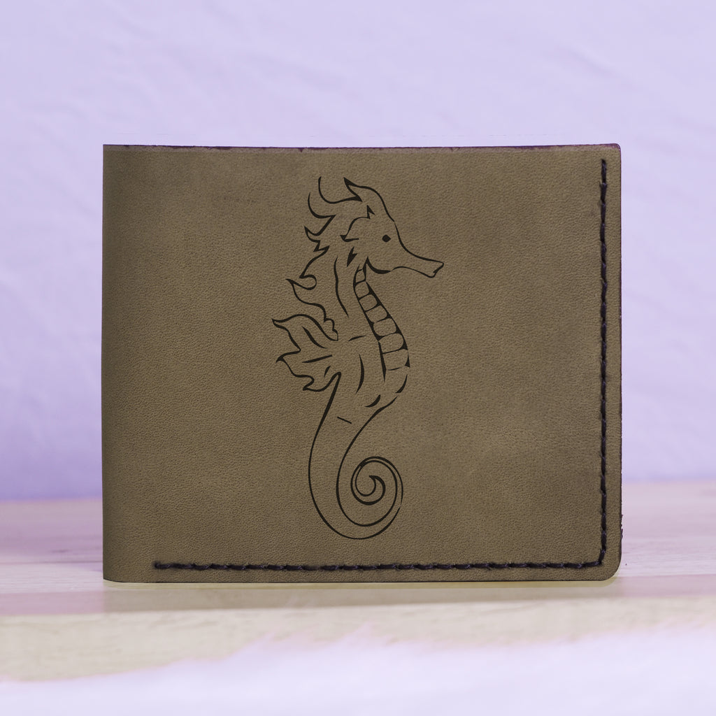 Men's Seahorse Abstract Natural Genuine Leather Blocking Bifold Wallet MHLT_01_GRN
