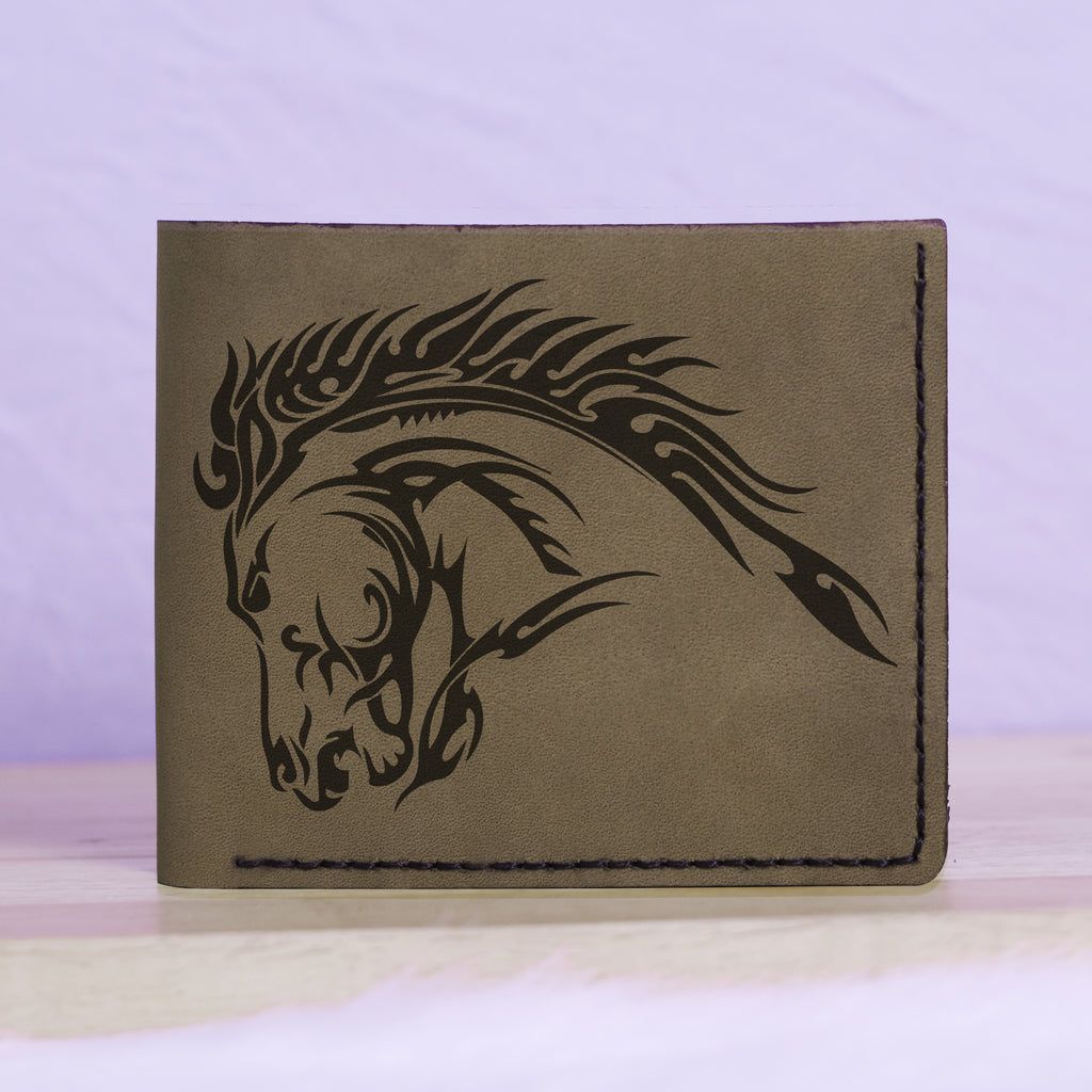 Men's Tribal Horse 2 Handmade Genuine Leather Blocking Bifold Wallet MHLT_01_GRN
