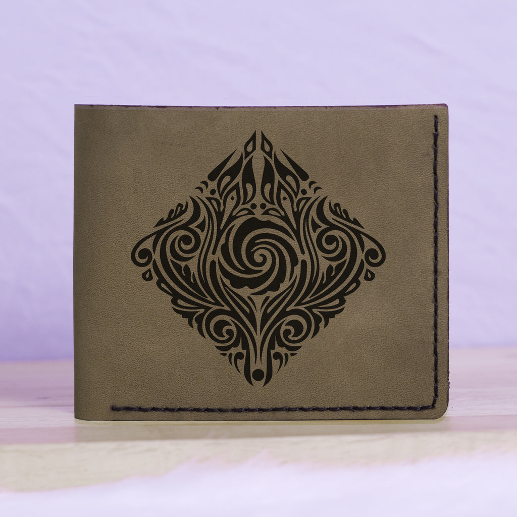 Native American Skull & Symbol Genuine Leather Blocking Bifold Wallet MHLT_01_GRN
