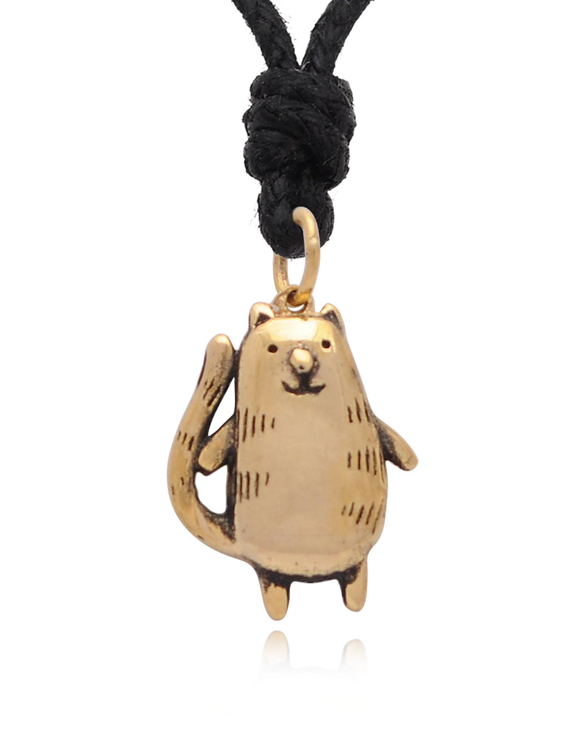 Smiling Chubby Cat Size M & S Silver Pewter Gold Brass Necklace Pendant Jewelry