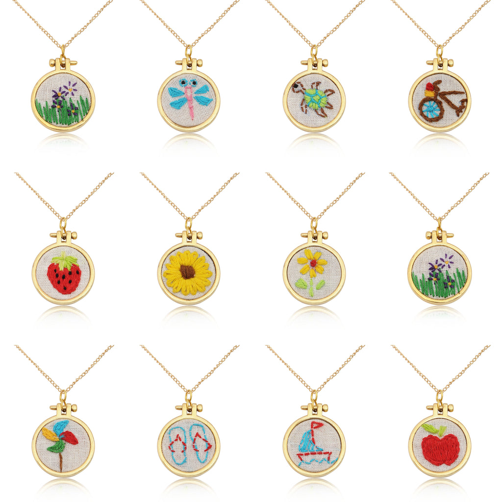 Embroidered Necklace Hand Stitched Statement Jewelry Floral Animal Fruit Pendant