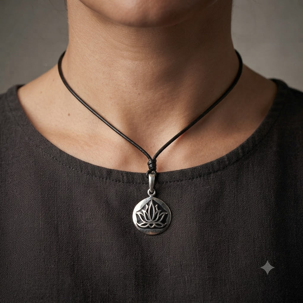 Lotus 92.5 Sterling Silver Pewter Brass Round Charm Necklace Pendant Jewelry