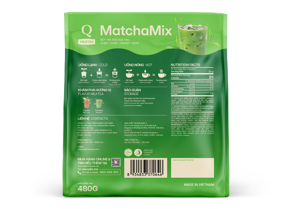 Tran Quang Cafe MatchaMix Milk Tea  24 Sticks Vietnamese Matcha Tea