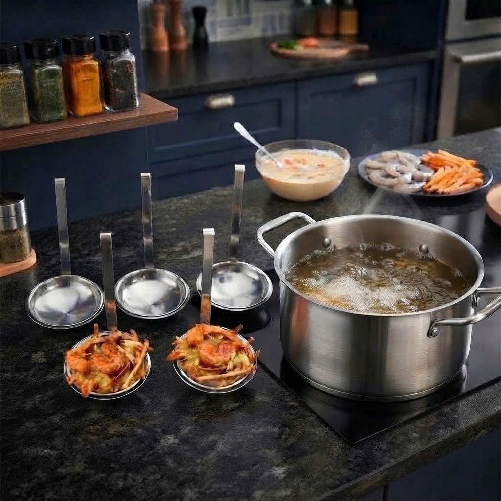 Stainless Steel Shrimp Cake Mold Set of 5 – Vietnamese Bánh Tôm Fritter Maker with Long Handle & Hanging Hook – Durable Kitchen Tool for Crispy Shrimp Fritters