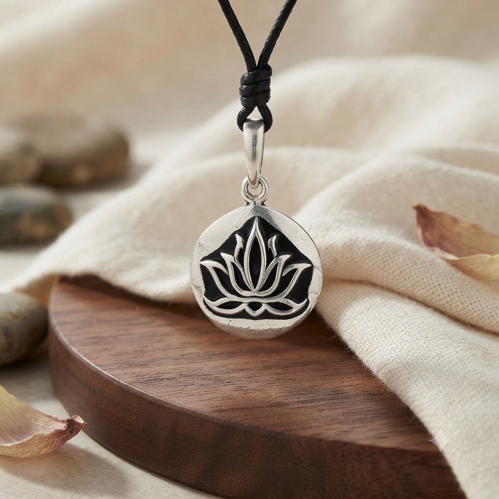 Lotus 92.5 Sterling Silver Pewter Brass Round Charm Necklace Pendant Jewelry