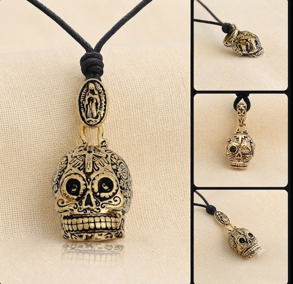 New Mexican Skull Cross Jesus Mary Gold Brass Charm Necklace Pendant Jewelry