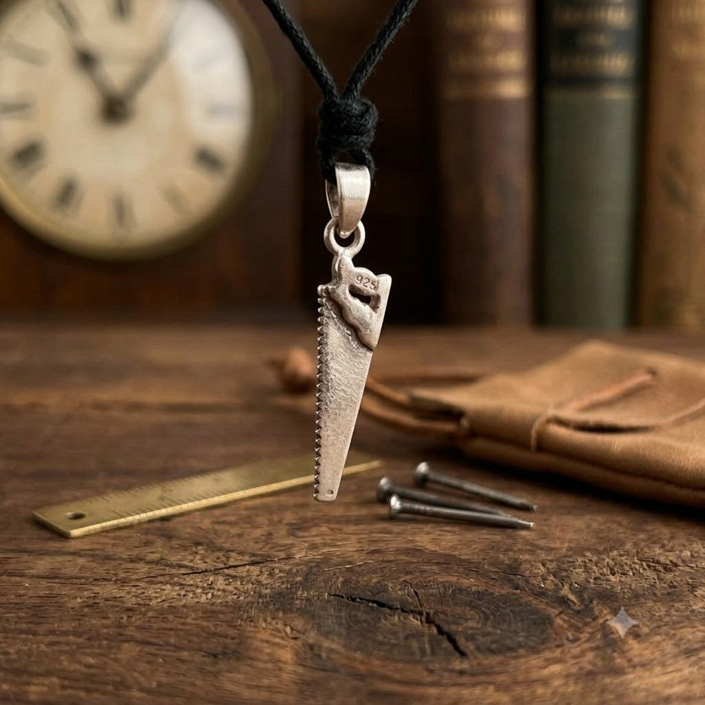 Hand Saw 92.5 Sterling Silver Gold Brass Necklace Pendant Jewelry