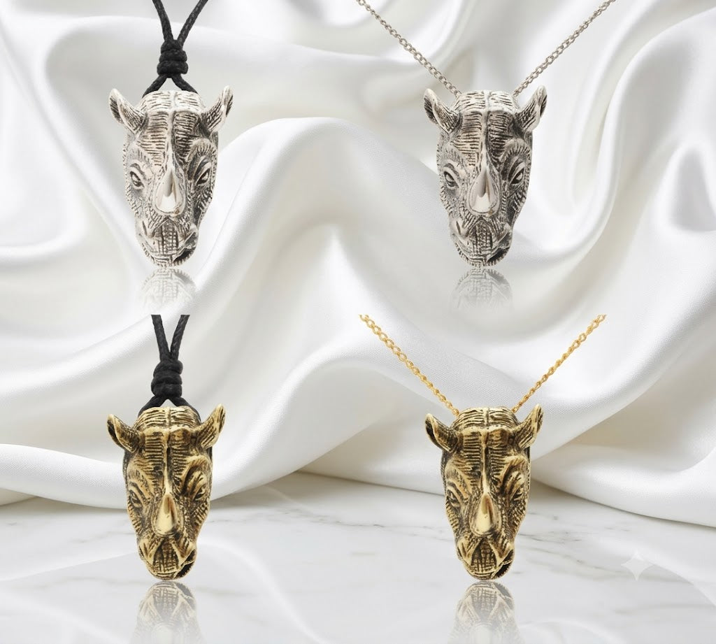 Rhino Head Rhinoceros 92.5 Sterling Silver Brass Gold Necklace Pendant Jewelry