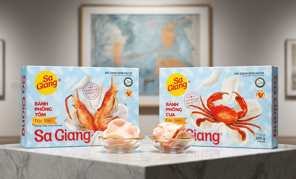 Sa Giang Banh Phong Tom/ Cua Crab & Shrimp Flavored Puff Chips – Large Crunchy Snack Crackers Box 200g