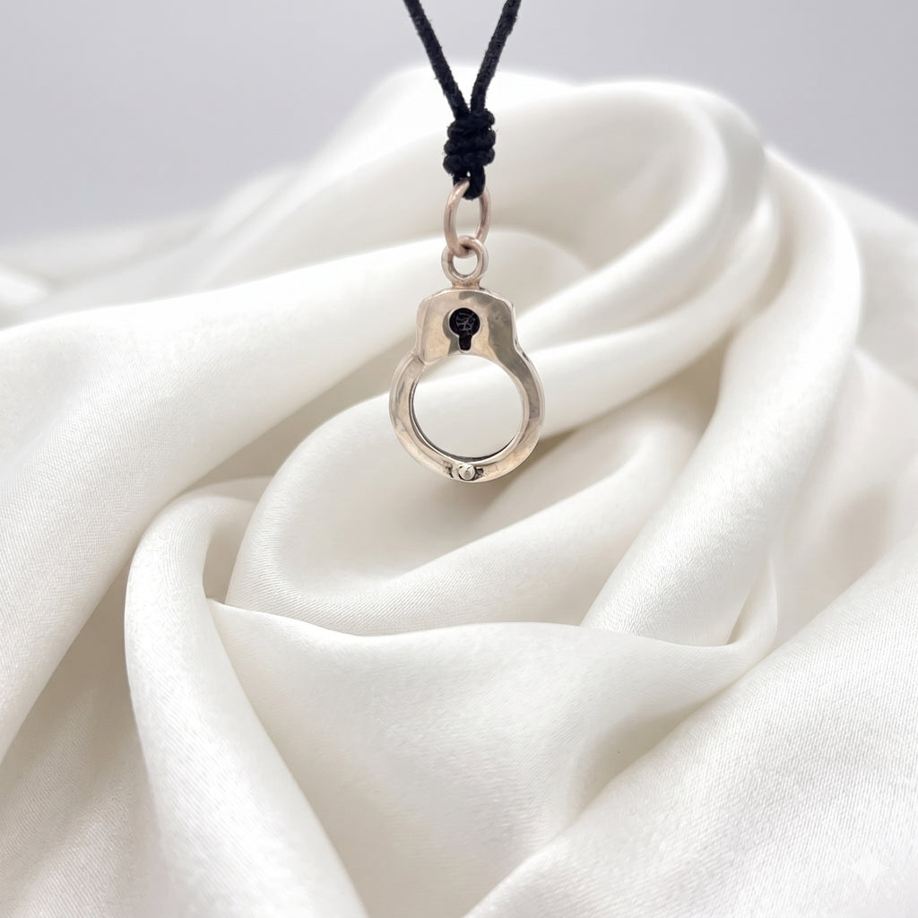 Handcuff Charm Pendant 925 Sterling Silver/Pewter With Adjustable Cotton Cord Necklace - Bondage Style Jewelry
