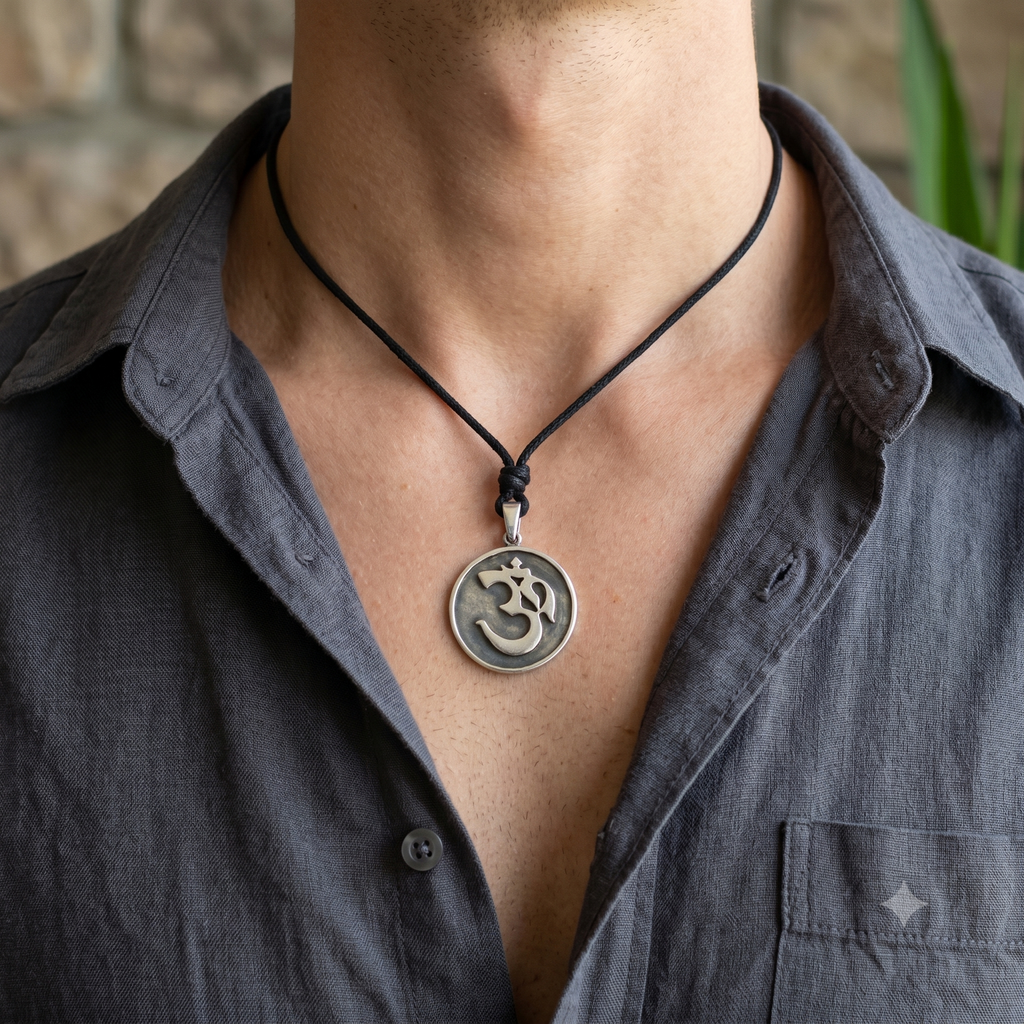 Fashionable Om Ohm Silver Pewter Charm Necklace Pendant Jewelry With Cotton Cord