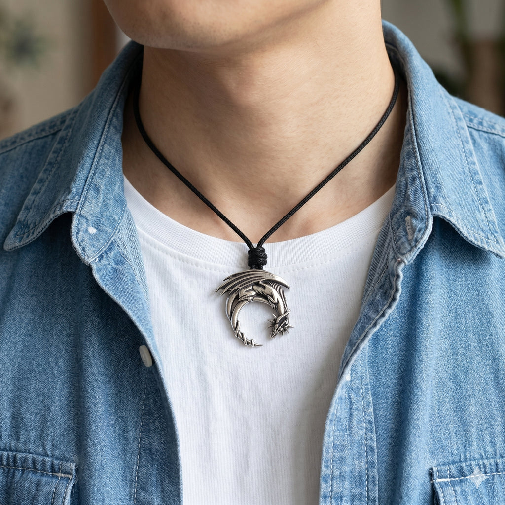 Sleeping Dragon Moon Silver Pewter Gold Brass Necklace Pendant Jewelry