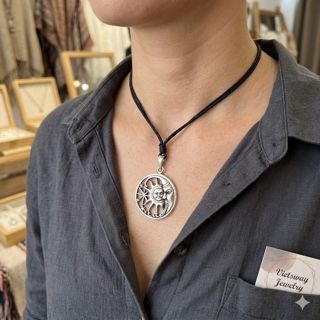 Sun Moon Ying Yang 92.5 Sterling Silver Pewter Brass Charm Necklace Pendant Jewelry