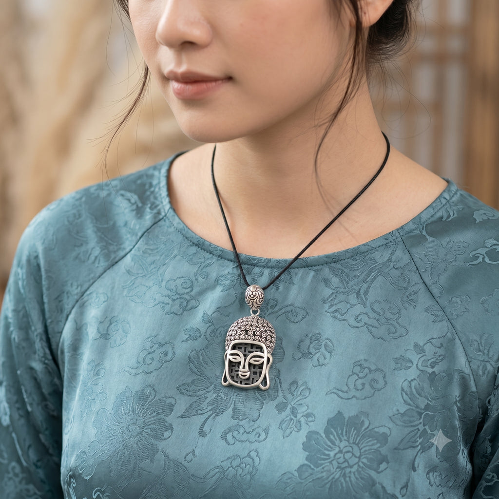Tibetan Buddhist Buddha Head Sterling-silver Brass Charm Necklace Pendant Jewelry