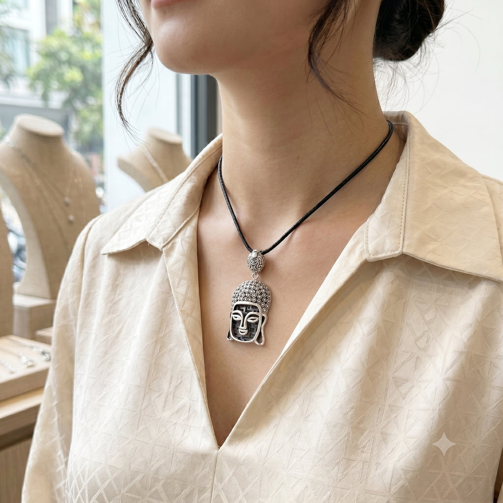 Tibetan Buddhist Buddha Head Sterling-silver Brass Charm Necklace Pendant Jewelry