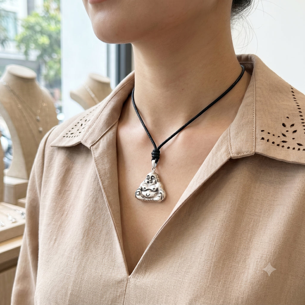 Laughing Zen Buddha Lucky 92.5 Sterling Silver Brass Charm Necklace Pendant