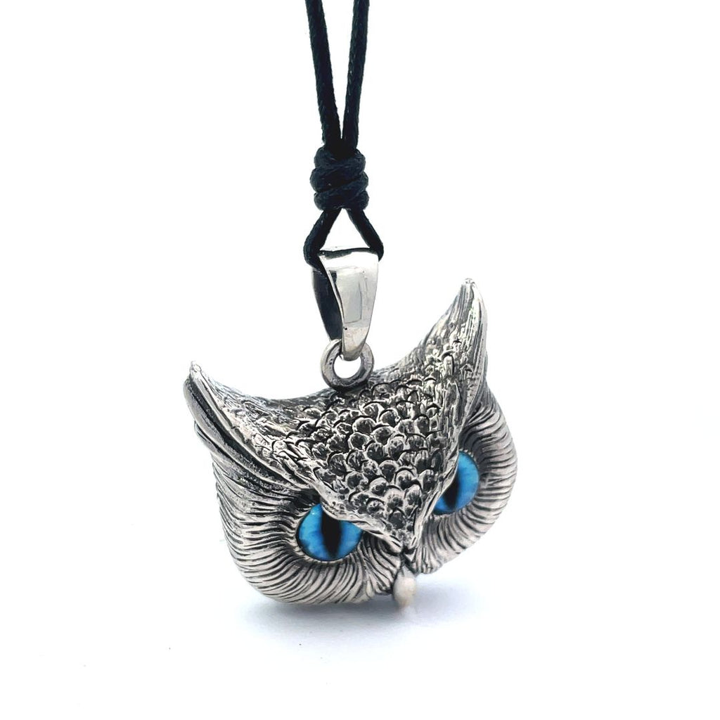 Vintage Gothic Owl Blue Eyes Large Size 92.5Sterling Silver Gold Brass Pendant Necklace