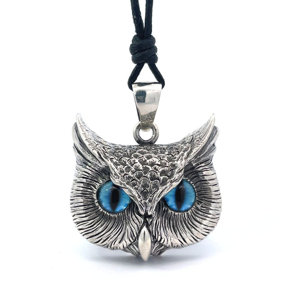 Vintage Gothic Owl Blue Eyes Large Size 92.5Sterling Silver Gold Brass Pendant Necklace