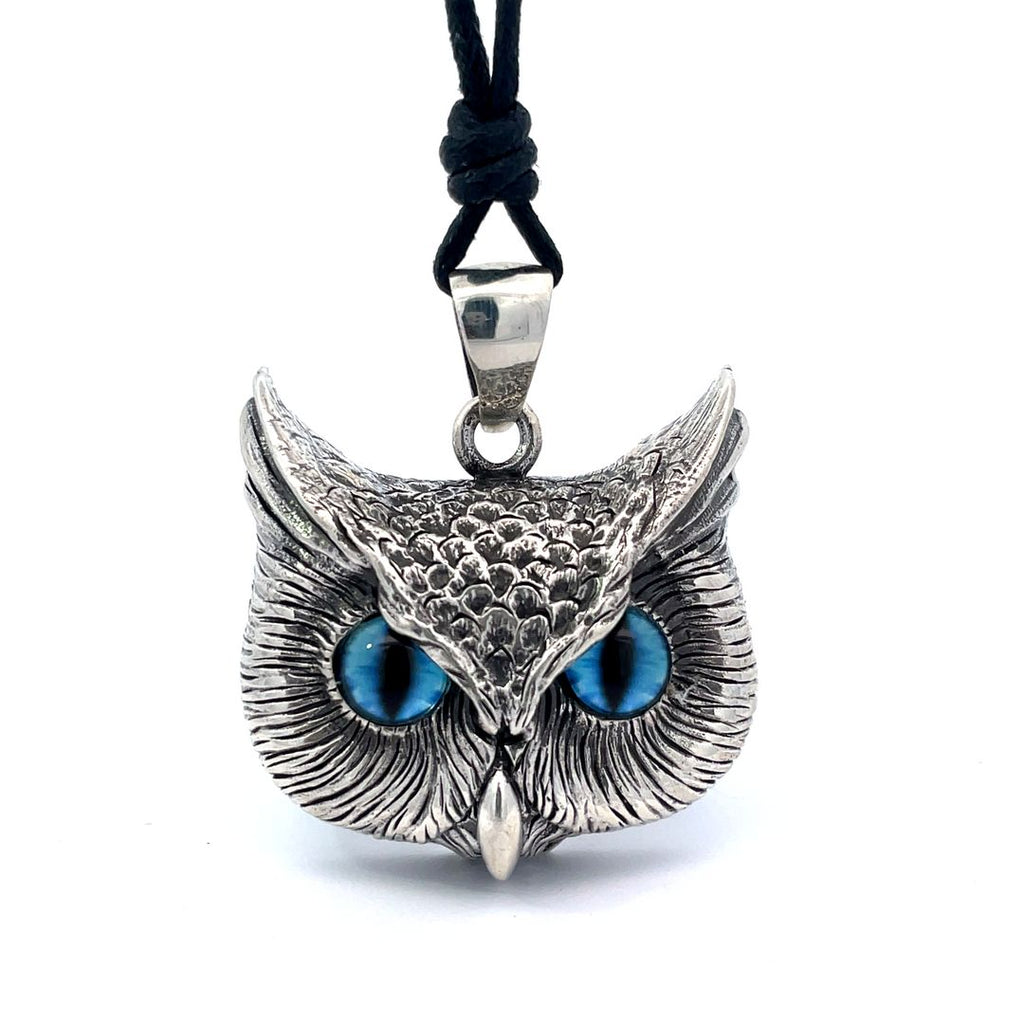 Vintage Gothic Owl Blue Eyes Large Size 92.5Sterling Silver Gold Brass Pendant Necklace