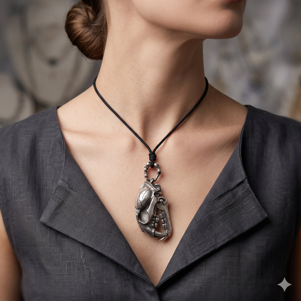 Gothic Skeleton Dinosaur Head Sterling Silver Stainless Steel Pendant Necklace