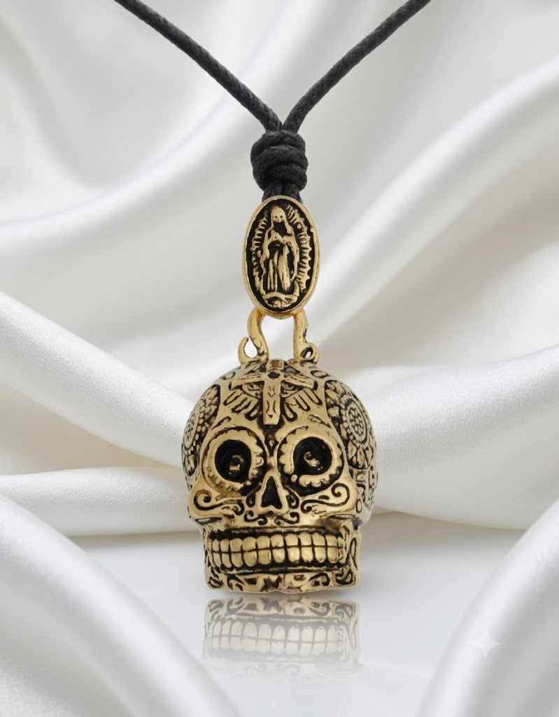 New Mexican Skull Cross Jesus Mary Gold Brass Charm Necklace Pendant Jewelry