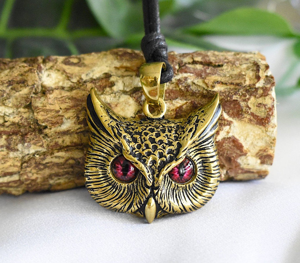 Vintage Gothic Owl Blue Eyes Large Size 92.5Sterling Silver Gold Brass Pendant Necklace