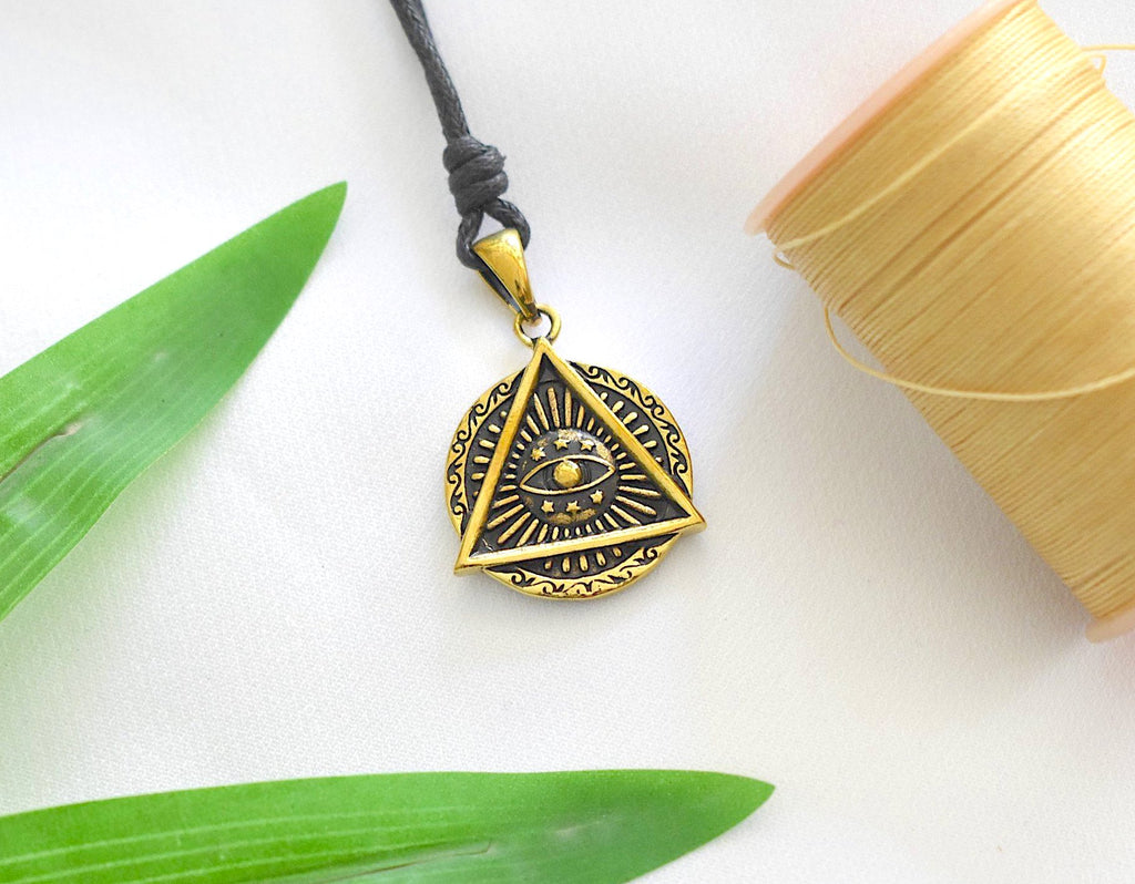 Evil Eye Retro Punk Style Round Triangle Pendant Men and Women Sterling Silver Brass Pendant Necklace