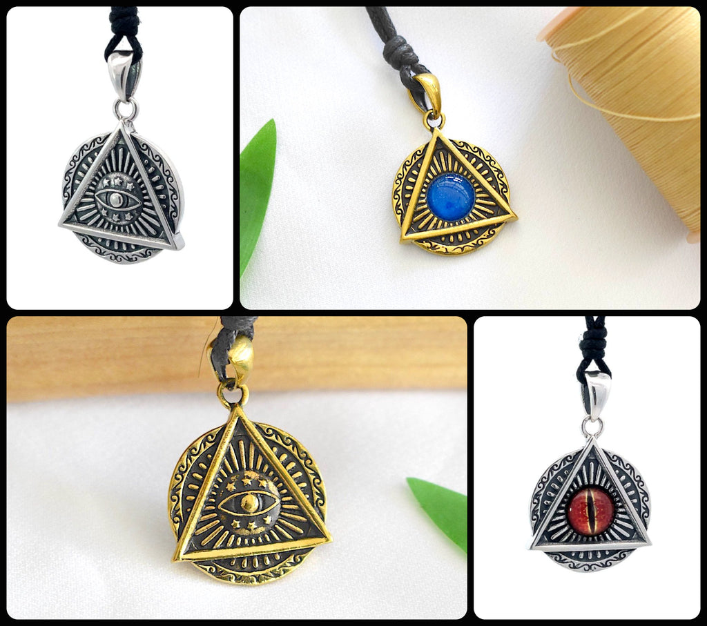 Evil Eye Retro Punk Style Round Triangle Pendant Men and Women Sterling Silver Brass Pendant Necklace