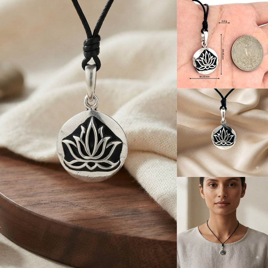 Lotus 92.5 Sterling Silver Pewter Brass Round Charm Necklace Pendant Jewelry