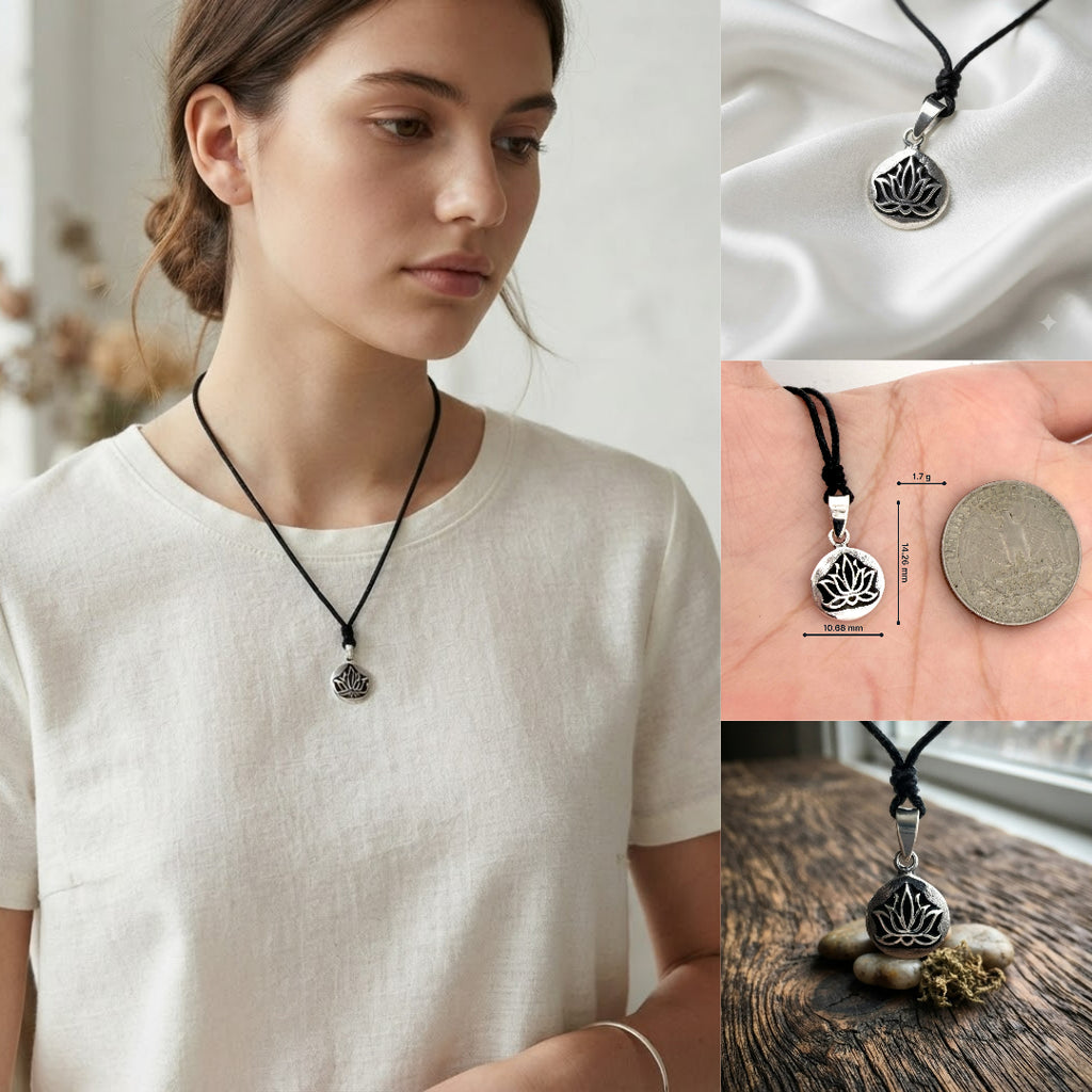 Lotus 92.5 Sterling Silver Pewter Brass Round Charm Necklace Pendant Jewelry