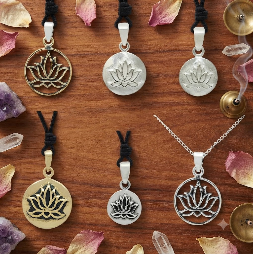 Lotus 92.5 Sterling Silver Pewter Brass Round Charm Necklace Pendant Jewelry