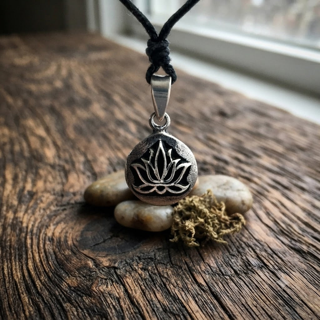 Lotus 92.5 Sterling Silver Pewter Brass Round Charm Necklace Pendant Jewelry