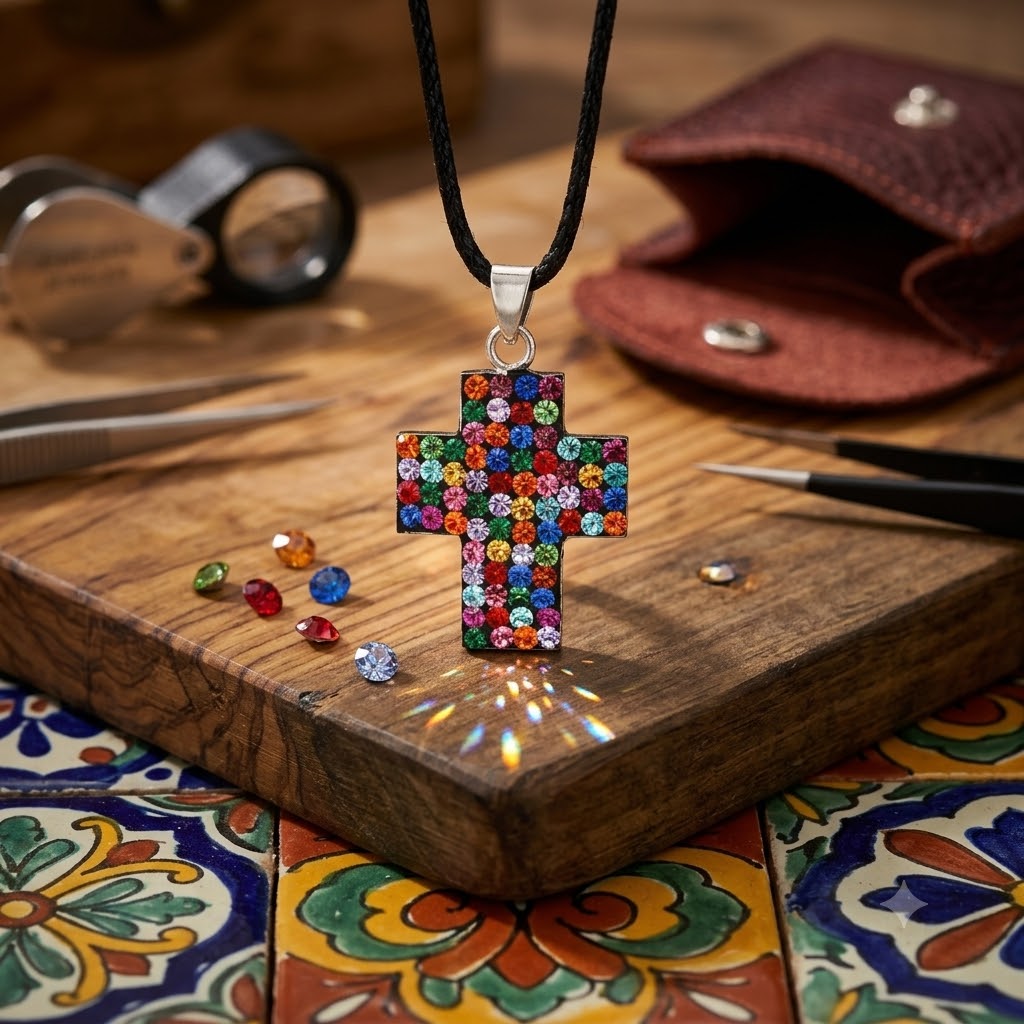 Elegant Multicolor Rhinestone Cross Charm 92.5 Sterling Silver  Necklace Pendant Jewelry