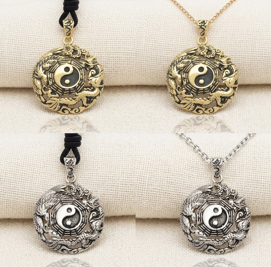 Phoenix Dragon Yin Yang 92.5 Sterling Silver Golden Brass Pewter Necklace Pendant